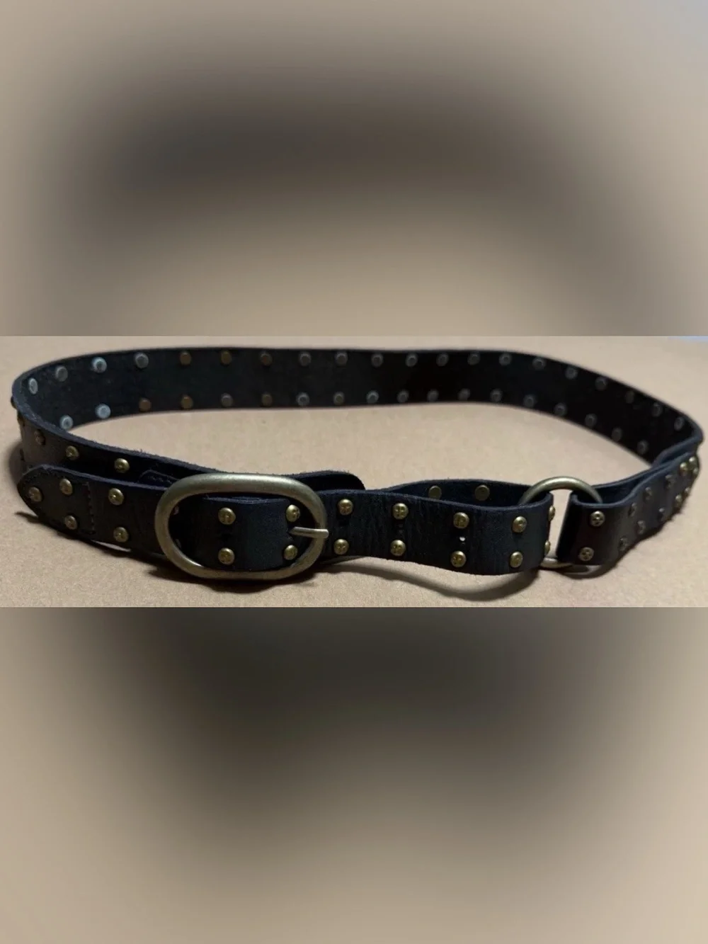 Free People Black Leather Belt Brass Buckle Studded Boho Western One size
